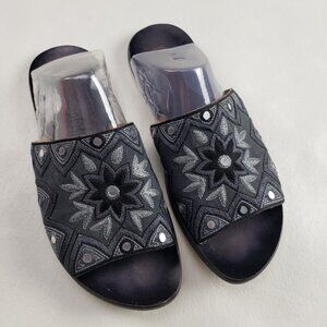Jeffrey Campbell Embroidered Slide Sandal Womens 9 Black Leather Floral Slip On